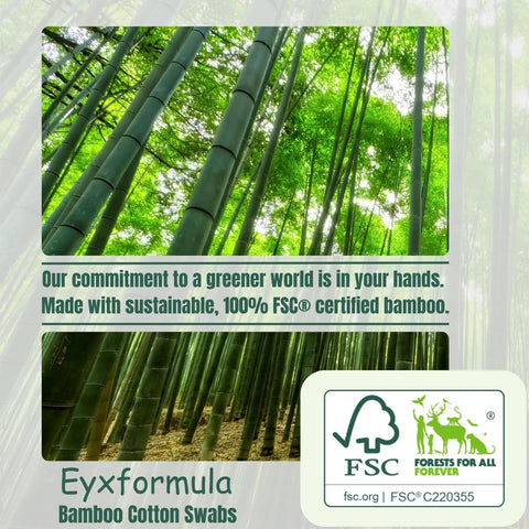 Bamboo forest with FSC certification, promoting Eyxformula bamboo cotton swabs made from sustainable materials.