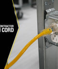 Yellow Jacket Heavy Duty Extension Cord For Outdoor Tools And Equipment With Lighted End And Weather Resistant SJTW Jacket 12 Gauge 50 Foot Durable Power Cable For Job Sites And DIY Projects connected to an outlet box