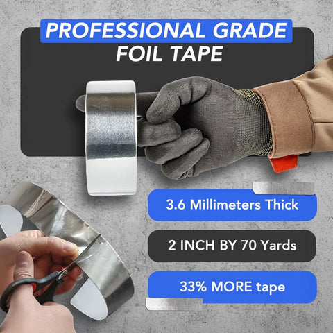 Front view of TapePlus silver aluminum foil HVAC duct tape roll, 2 in x 70 yd, for sealing metal ductwork