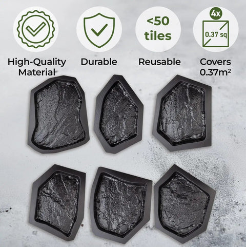 6 Pack Flagstone Paver Molds For Concrete, Reusable ABS 2mm Cement Casting Forms displayed with durability icons