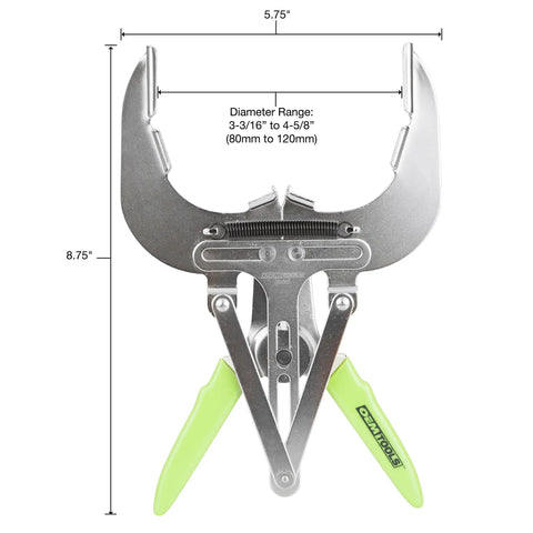 Piston Ring Pliers And Expander Tool For Automotive Engines, 80 To 120 Mm Range, steel with green dipped grip handles, front view