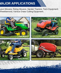 Two Pack 13x5.00-6 Turf Tires For Lawn And Garden Mower With 4PR Load Range Deep Traction Tread Not For Highway Use image showing various applications including lawn mowers, garden tractors, riding mowers, and farm equipment