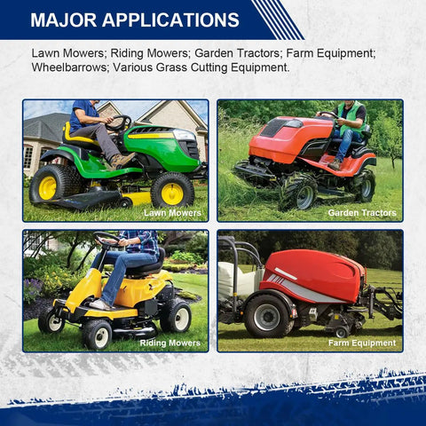 Two Pack 13x5.00-6 Turf Tires For Lawn And Garden Mower With 4PR Load Range Deep Traction Tread Not For Highway Use image showing various applications including lawn mowers, garden tractors, riding mowers, and farm equipment