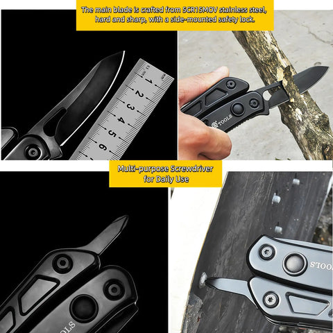 All In One Pliers And 12 In 1 Multitool With Dual LED Lights showing blade, screwdriver, and cutting wood limb