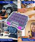 Purple 50-Compartment Double-Sided Tools Organizer Box With Removable Dividers for screws, nuts, nails, bolts, shown in use.