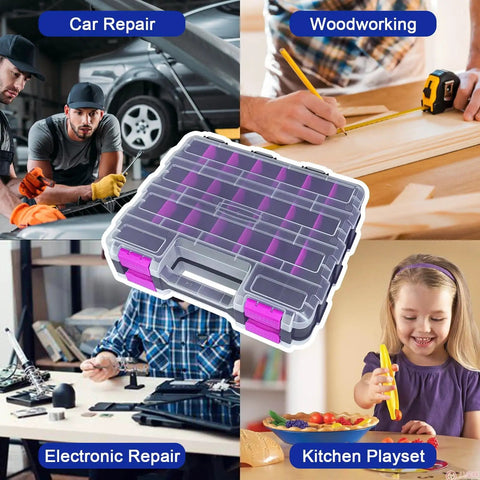 Purple 50-Compartment Double-Sided Tools Organizer Box With Removable Dividers for screws, nuts, nails, bolts, shown in use.