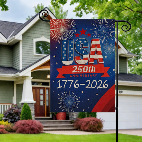 250th Anniversary USA Garden Flag Outdoor Double Sided Fireworks Design 1776 2026 All American Patriotic Yard Decor on display