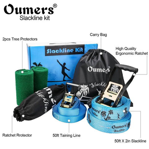 Beginner Slackline Kit With 50 Foot Main Line And Training Line, Tree Protector, Ratchet Covers, Carry Bag, And Instruction Guide