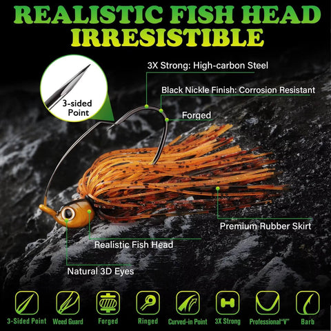 Weedless Bass Jigs With Stainless Weed Guard For Clean Swims And Snag Free Bass Fishing, Swim Jigs with 3-sided point 3/0 hooks, 3/8oz