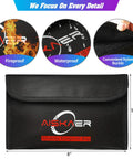 Fireproof And Water Resistant Silicone Coated Safe Storage Bag showing dimensions, nylon buckle, and features