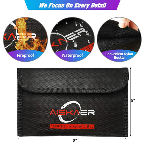 Fireproof And Water Resistant Silicone Coated Safe Storage Bag showing dimensions, nylon buckle, and features