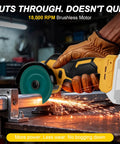 Badass Cordless Cut Off Tool Featuring Brushless Motor Delivers Killer 18000 Rpm Cuts With Three Speed Tweaks For Flawless Wood Metal Cutting Results On Any Project, cutting metal pipe, sparks flying.