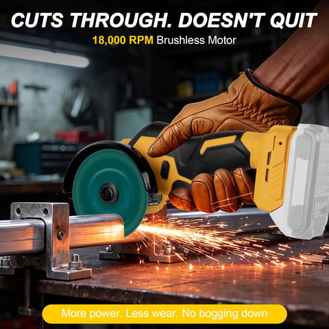 Badass Cordless Cut Off Tool Featuring Brushless Motor Delivers Killer 18000 Rpm Cuts With Three Speed Tweaks For Flawless Wood Metal Cutting Results On Any Project, cutting metal pipe, sparks flying.