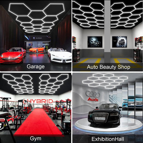 Hexagon LED Garage Light 14 Grid Octagon Shop Light 6500K Daylight White Hella Bright 61560 Lumens installed in various facilities