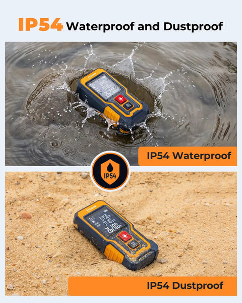 262 Ft Laser Tape Measure For Home DIYers And Real Estate Pros, Fast Accurate Readings Under 0.5s, Switch Between M In Ft And Front Or Rear Reference, Portable Pocket Laser Measuring Tool For Jobsites, orange ABS body in water and sand