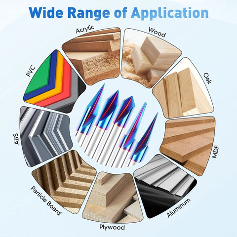 Image showcasing Premium CNC Wood Carving Router Bit Set With One Quarterly Inch Shank And Fifteen Through Ninety Degree Angles for various materials.