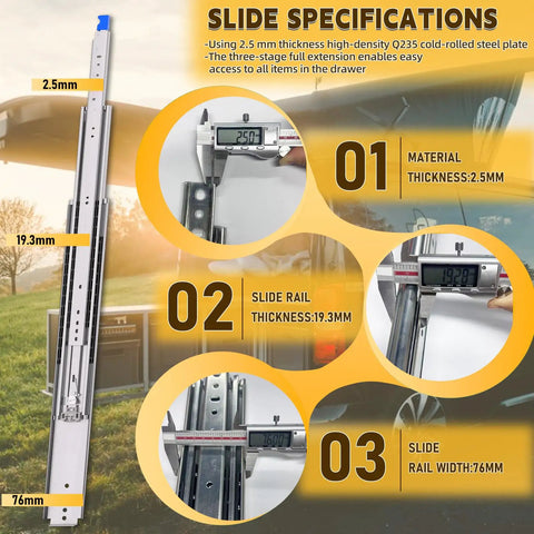 Slide specifications with measurements for heavy duty drawer slides, 2.5mm thickness, 19.3mm slide rail, 76mm width, full extension