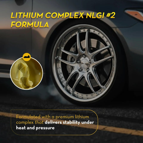 Close-up of car wheel with inset image of White Lithium Complex NLGI 2 High Temp EP Multi Purpose Grease 14 Oz Tube.
