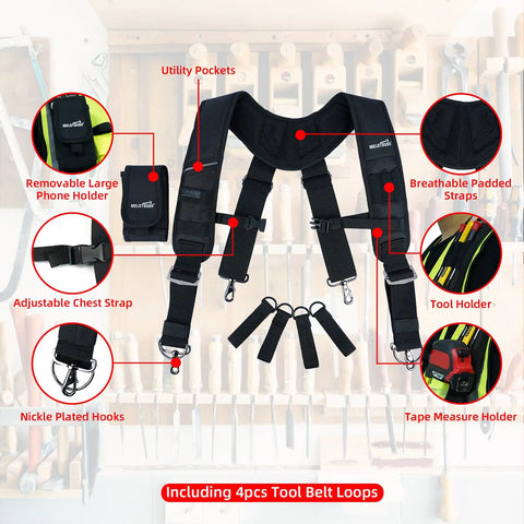 Heavy Duty Tool Belt Suspenders With Padded Straps For All Day Comfort And Back Support Construction Bag Harness For Carpenters Electricians Roofers And Farmers Keeps Weight Evenly Distributed On Shoulders And Hips shown with pockets and loops