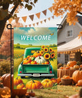 Fall Truck Garden Flag 12x18 Inch Green Pickup Packed With Pumpkins And Sunflowers Welcome Double Sided Autumn Harvest Yard Decor For Porch