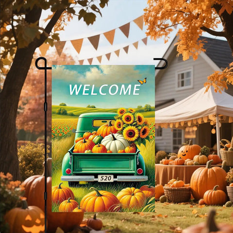 Fall Truck Garden Flag 12x18 Inch Green Pickup Packed With Pumpkins And Sunflowers Welcome Double Sided Autumn Harvest Yard Decor For Porch
