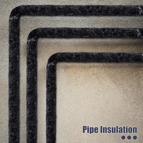 Three Piece Cotton Sound Insulation Blanket for Noise Reduction on Walls and Pipes Helps Kill Annoying Dishwasher Racket with Heavy Duty Acoustic Padding Measuring Sixteen by Forty Eight Inches to Keep Home Chillin - black pipe insulation shown on grey surface.