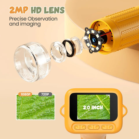 Portable Handheld Digital Microscope For Kids With 1000x Magnification Crystal Clear 1080p Images On A Two Inch IPS Screen Plug And Play USB Connection Easy To Use For Curious Minds To Explore The Micro World, yellow 2MP lens