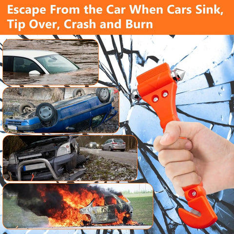 Hand holding Car Window Breaker Hammer And Seat Belt Cutter 2 In 1 Emergency Escape Tool with broken car scenarios.