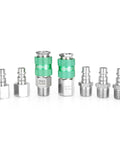 High Flow 7 Piece Air Coupler And Plug Kit with One Quarter Inch Body and Three Eighth Inch NPT Quick Connect Fittings