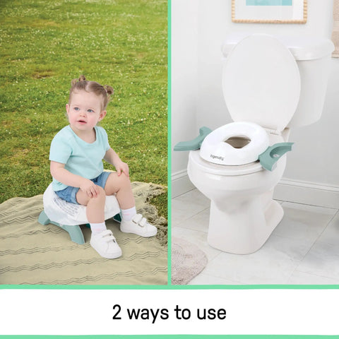 Road Warrior 2 In 1 Portable Baby And Toddler Travel Potty Seat With Secure Snap Ring Lightweight Foldable Design Includes Carry Bag and Quick Liners in use as floor seat and toilet adapter.