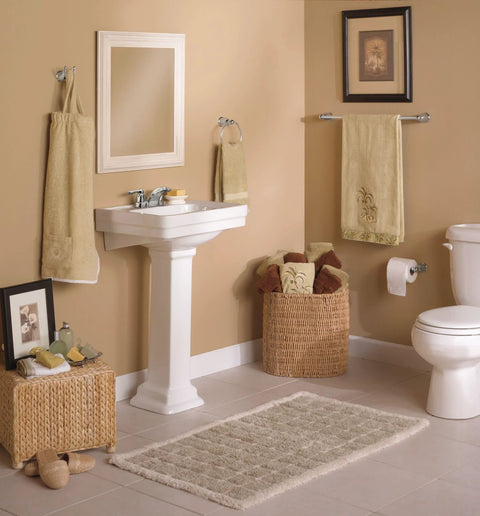 Bathroom with Mason Chrome Tissue Paper Holder Roller Only With Pro Fit Installation System Easy Wall Mount, next to toilet.