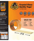 Product packaging of Crystal Clear Gorilla Tape on an infographic highlighting features and uses, including 27 ft length and weatherproof qualities.