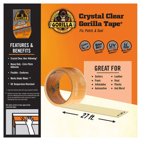 Product packaging of Crystal Clear Gorilla Tape on an infographic highlighting features and uses, including 27 ft length and weatherproof qualities.
