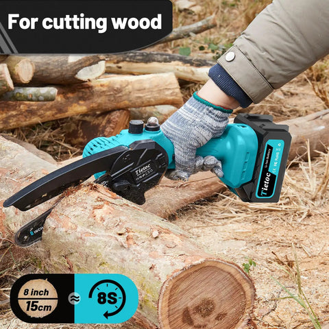 Person using Cordless 8 Inch Mini Chainsaw With Dual 4000mAh Batteries for cutting wood outdoors
