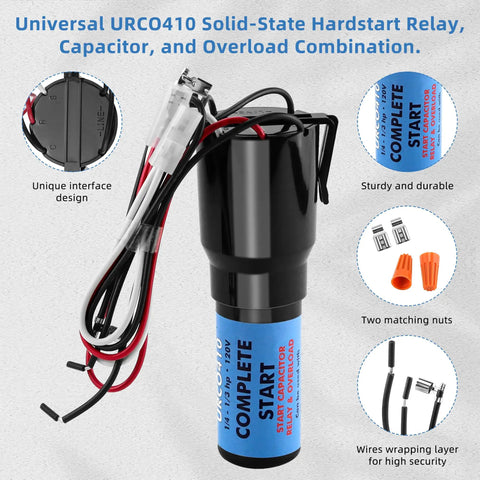 3 In 1 Hard Start Kit For Refrigerators And Freezers With Overload, Start Relay, And Compressor Capacitor 115VAC, shown with wiring and connectors