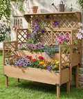 Two Tier Raised Garden Bed With Trellis And Lattice Back For Climbing Plants Wooden Outdoor Planter For Vegetables Herbs And Flowers Modern Minimal Design For Patio Balcony Or Backyard