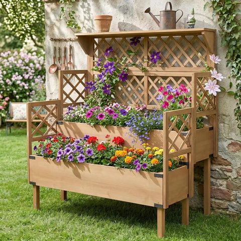 Two Tier Raised Garden Bed With Trellis And Lattice Back For Climbing Plants Wooden Outdoor Planter For Vegetables Herbs And Flowers Modern Minimal Design For Patio Balcony Or Backyard