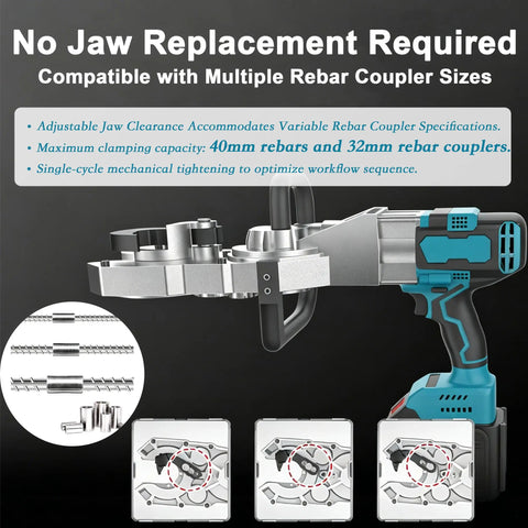 Heavy Duty 800W Brushless Rebar Threading Machine with adjustable jaw for 40mm rebar and 32mm couplers.