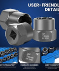 Close-up of 14 Piece Bolt Extractor Kit for stripped damaged rusted and frozen nuts and bolts three eighths inch drive socket set