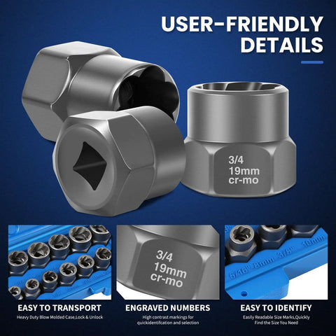 Close-up of 14 Piece Bolt Extractor Kit for stripped damaged rusted and frozen nuts and bolts three eighths inch drive socket set