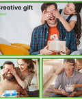 Three images of people giving gift boxes, featuring a man with eyes covered by a child, another man by a woman, and a couple with a surprise gift.