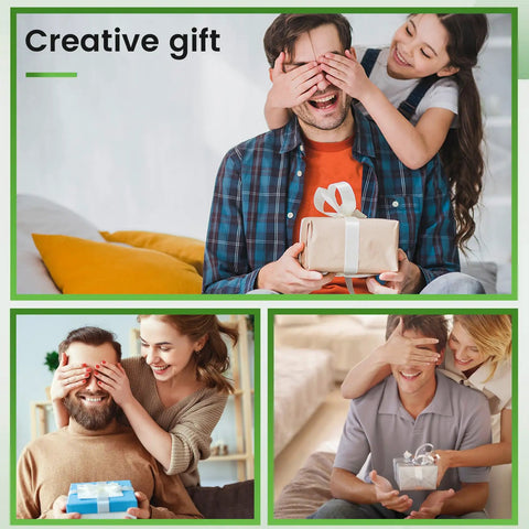 Three images of people giving gift boxes, featuring a man with eyes covered by a child, another man by a woman, and a couple with a surprise gift.