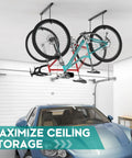 Ceiling Mounted Bike Rack For Garage Indoor Storage Hanger With Adjustable Hooks For 2 To 4 Bikes Heavy Duty Ceiling Carrier Holds Up To 260 Pounds Space Saving And Easy Setup That Makes Garages Cleaner And More Functional installed above a parked car, holding two bicycles.