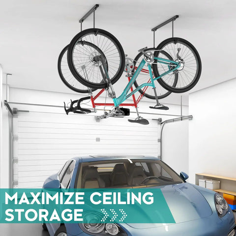 Ceiling Mounted Bike Rack For Garage Indoor Storage Hanger With Adjustable Hooks For 2 To 4 Bikes Heavy Duty Ceiling Carrier Holds Up To 260 Pounds Space Saving And Easy Setup That Makes Garages Cleaner And More Functional installed above a parked car, holding two bicycles.