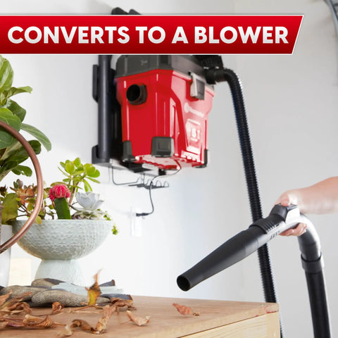 5 Gallon Wall Mount Wet Dry Vacuum With Remote Control Handle used as blower on workbench