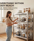 Built Tough 304 Stainless Steel Shelf For Pantry Kitchen Garage Storage Rack With Slick Brushed Silver Surface And No Sweat Setup Commercial Grade Metal Shelving Unit 27.6 X 19.7 X 70.9 Inches showcasing kitchen organization with bowls and jars.