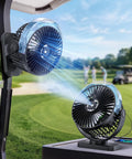 Tough Golf Cart Fan With Rock Solid Magnet And Dual Strap 12000Mah Battery mounted on golf cart with cooling mist feature.