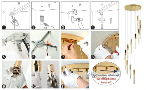 Installation guide for 81 Inch High Ceiling Crystal Chandelier with 12 Lights, showcasing assembly and wiring steps.