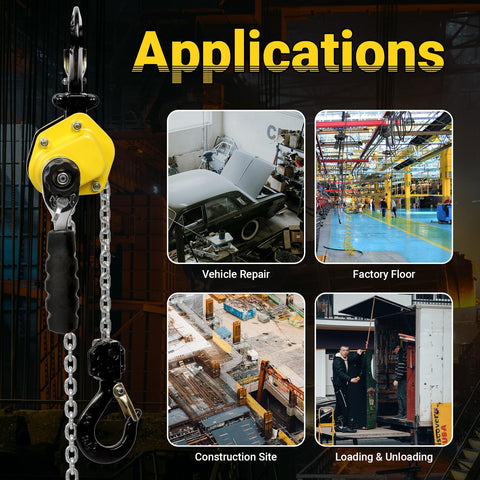 Half Ton Lever Chain Hoist Come Along With G80 Chain 10 Feet Lift showing applications in repair and construction sites.