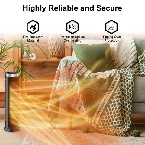 Indoor Space Heater With Remote, 24-Inch Oscillating Tower, 1500W Quiet PTC Ceramic Heater With Thermostat near sofa